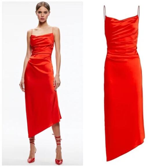 Alice + Olivia Cowlneck Vista Satin Asymmetric Dress Chili Pepper Size 0 NWT - Picture 2 of 13